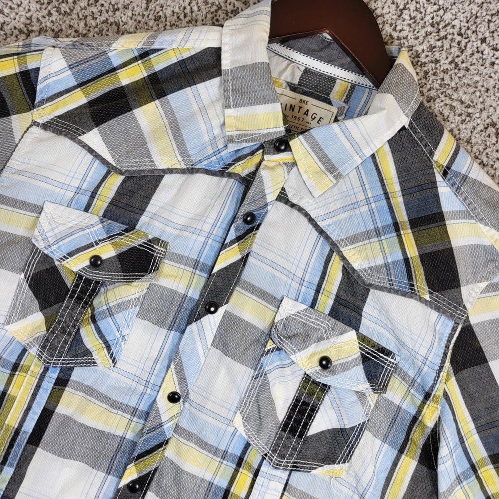 BKE Vintage 1967 Plaid‎ Western Pearl Snap Short Sleeve Button Up Shirt L